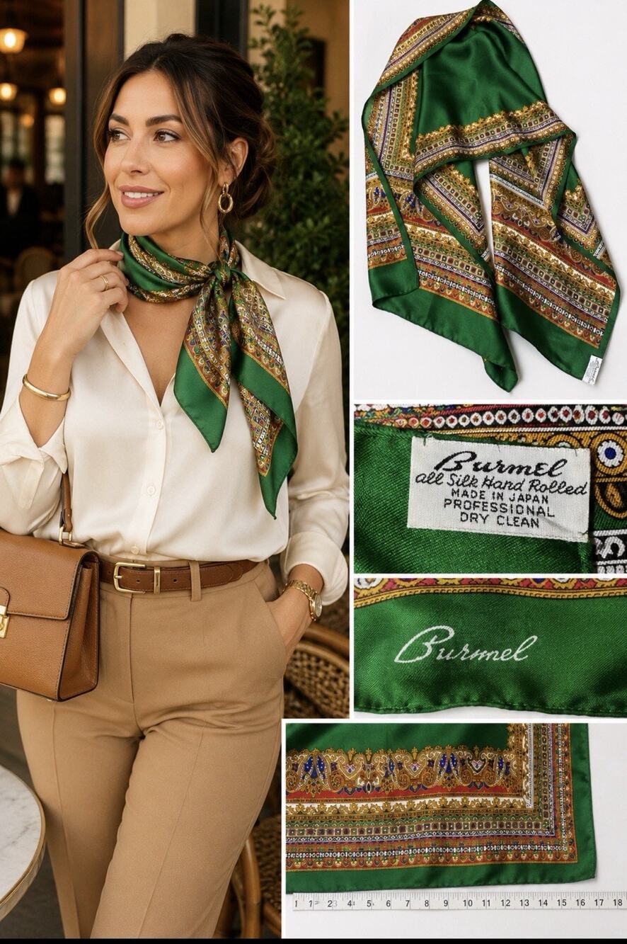 Vintage Burmel Scarf 100% Pure Silk Green Paisley Border Made in Japan 46”